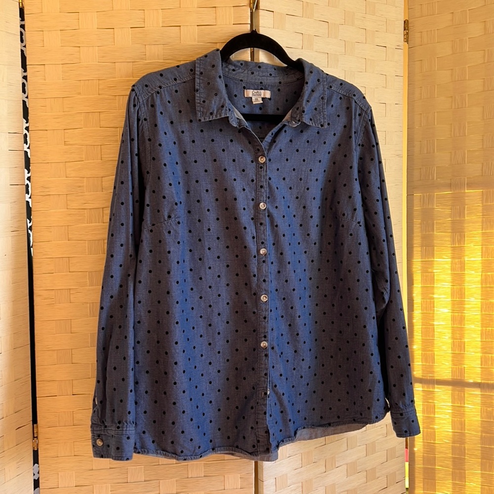 Denim style collared shirt with fuzzy polka dots!